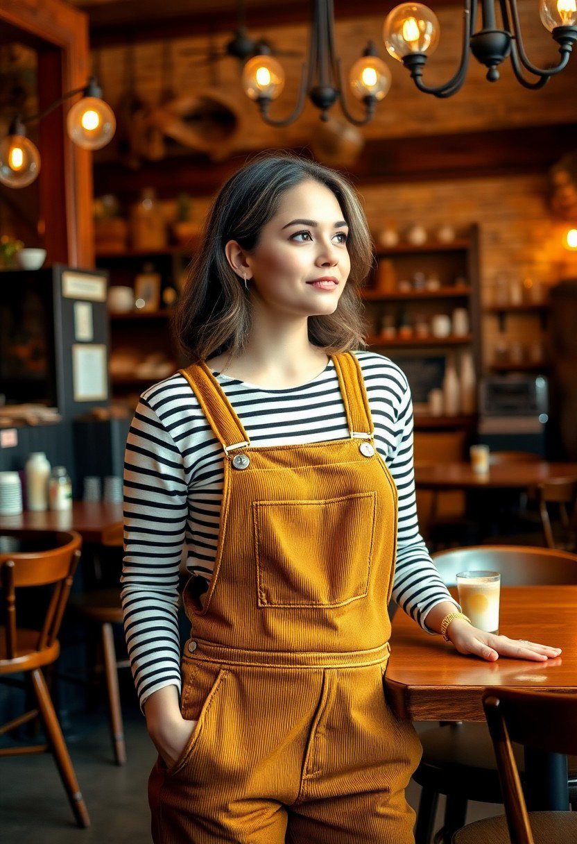 Mustard corduroy overalls with a retro striped long-sleeve create nostalgic winter charm. Perfect for vintage markets or indie coffee shops. Nostalgic elements tell a personal style narrative.