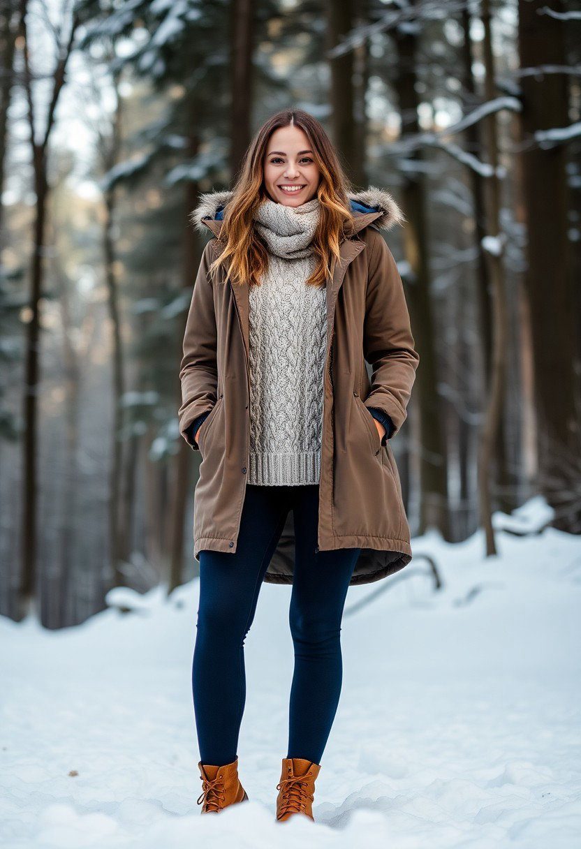 woman wear Wear insulated leggings ($70) with a cable-knit sweater ($75) and a water-resistant parka ($150). Match with waterproof boots ($95) and woolen mittens ($30). Great for enjoying a snowy winter day.