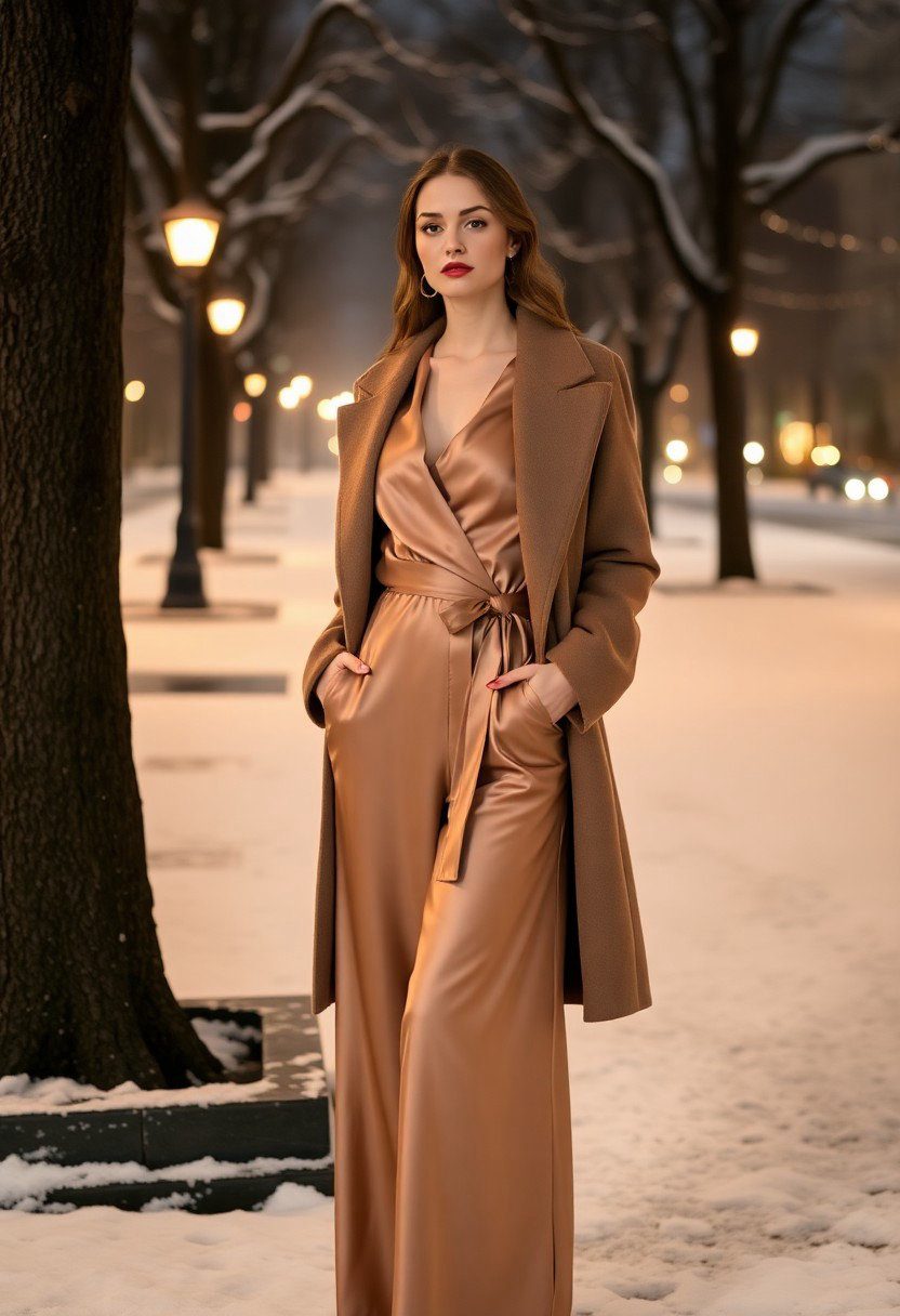 Opt for a wrap-style satin jumpsuit ($110) with a tailored wool coat ($140) for romantic sophistication. Add heeled ankle boots ($90) and a clutch bag ($60) to elevate the look. Perfect for dinner dates or theater nights.