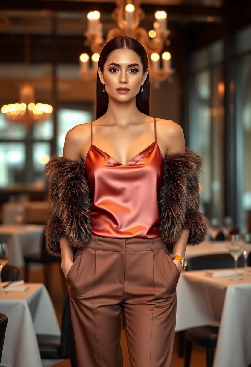 woman wear Style a silk camisole ($35) with elegant trousers ($70) and a cropped faux fur jacket ($110). Perfect for a winter dinner date, this outfit blends comfort with sophistication.