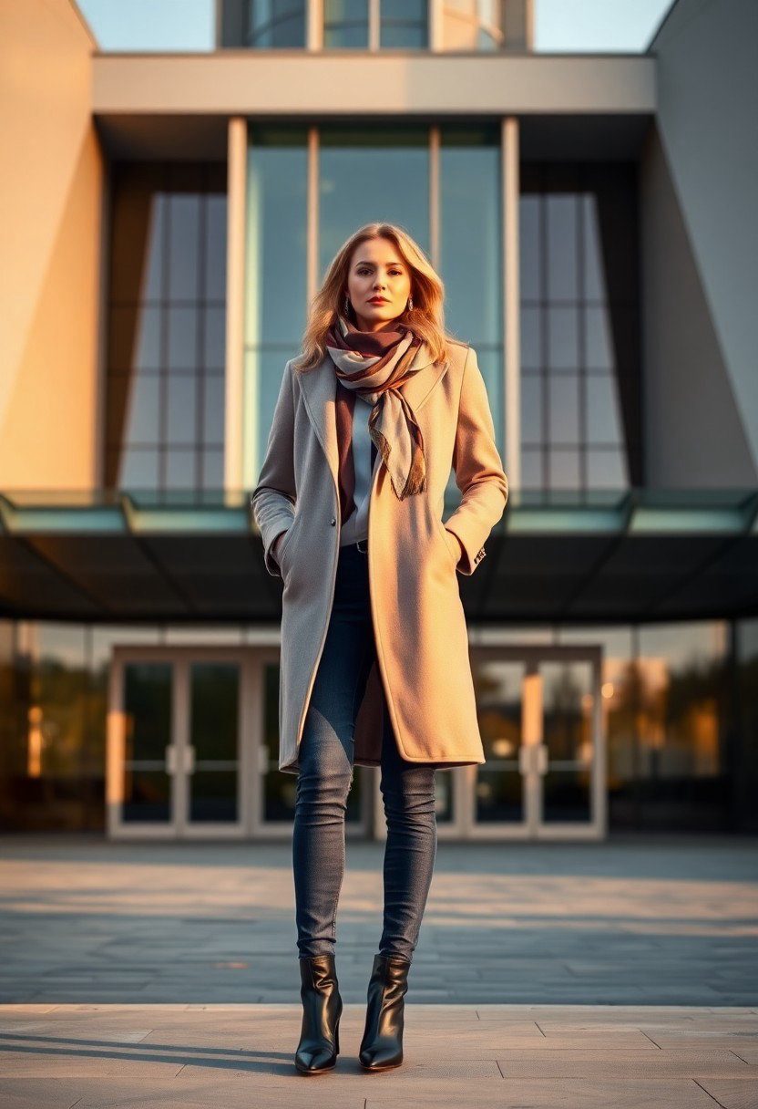 Outfit: Midi coat, skinny jeans, pointed-toe boots, and a silk scarf.