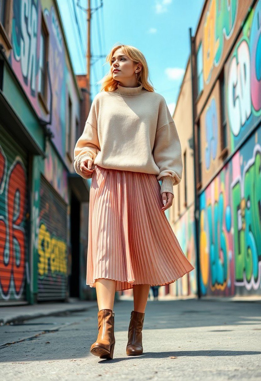 Outfit: An oversized sweater, pleated midi skirt, and ankle boots.