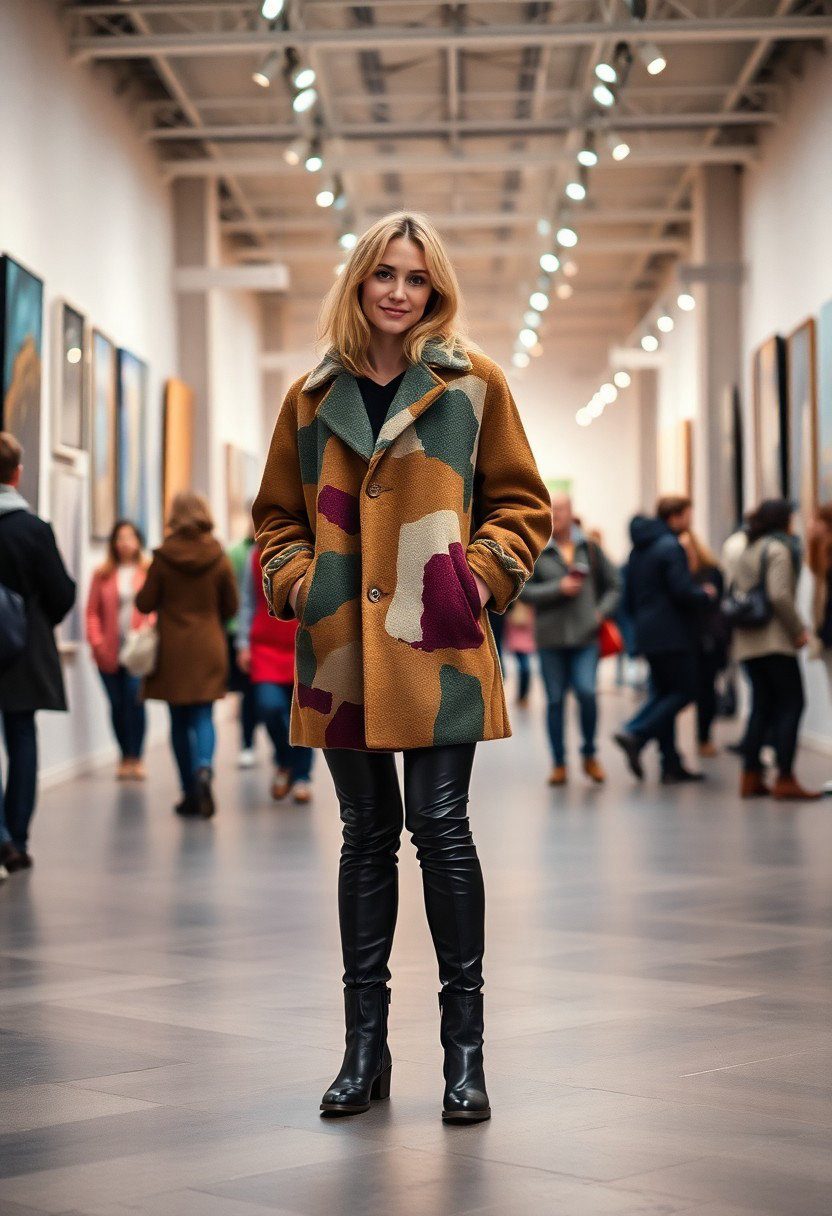 Outfit Description: Oversized abstract print coat, leather pants, vintage ankle boots. Occasion: Art openings, creative workshops.