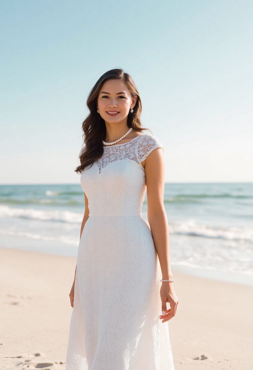 For a more vintage-inspired look, a tea-length dress with lace details is a dreamy choice. Look for designs with cap sleeves and pair them with pearl accessories for timeless elegance.